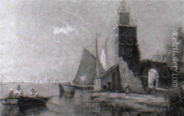The Lighthouse At Tholen On The Zuyder Zee, Holland Oil Painting - William Raymond Dommersen