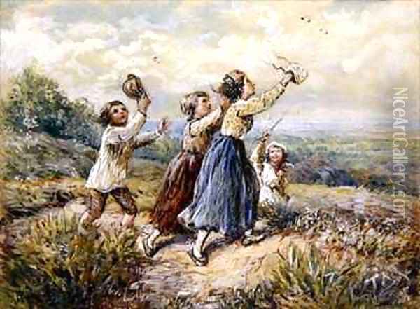 Children Chasing Butterflies Oil Painting - Myles Birket Foster