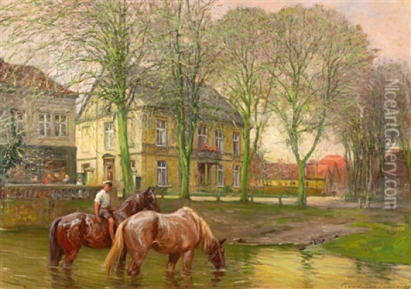 Pferdetranke In Altmunster Oil Painting - Fritz Grotemeyer