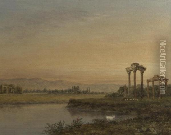 Italian Landscape With Classical Ruins Oil Painting - George Jnr Barrett