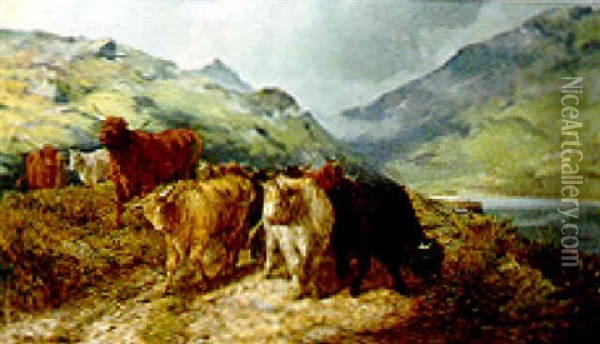 Highland Cattle In A Loch Landscape Oil Painting - Thomas Hope Mclachlan