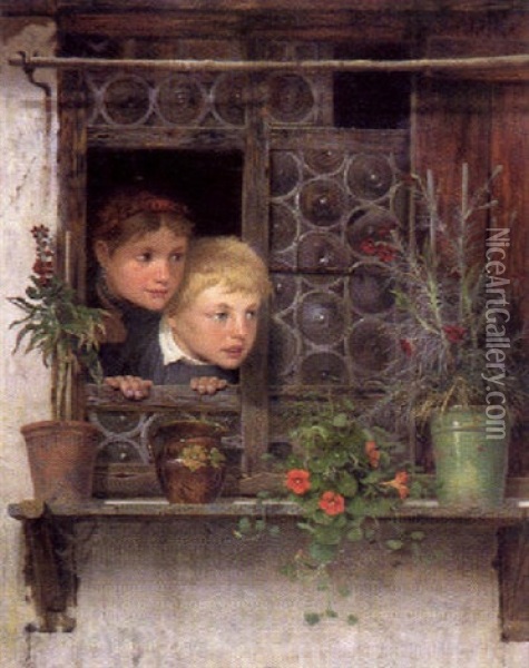 Zwei Kinder Am Fenster Des Alten Bauernhauses Mit Blumentopfen Auf Dem Sims Oil Painting - Ernst Freiesleben