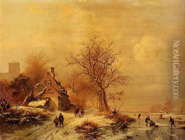 Figures In A Frozen Winter Landscape Oil Painting - Frederik Marianus Kruseman