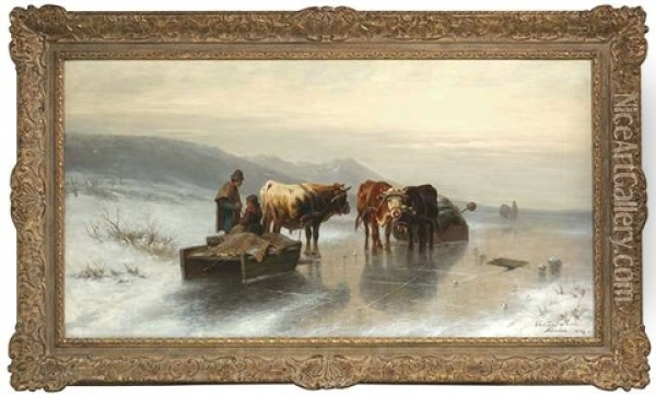 Winterlandschaft Mit Zwei Ochsengespannen Auf Einem Zugefrorenen See Oil Painting - Christian Friedrich Mali