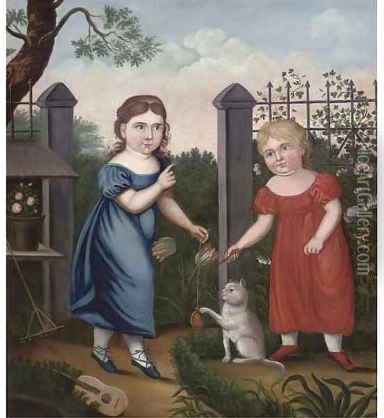 Portrait of two girls, full-length, in a garden Oil Painting - English Provincial School