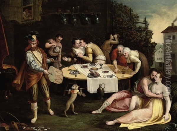 A Banquet With Elegant Company Courting Oil Painting - Frans Floris the Elder