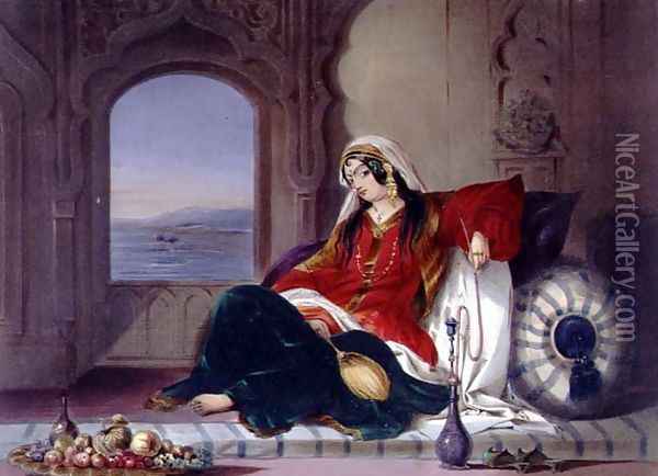 Kandahar Lady of Rank, Engaged in Smoking, plate 29 from Scenery, Inhabitants and Costumes of Afghanistan, engraved by Robert Carrick c.1829-1904 1848 Oil Painting - James Rattray