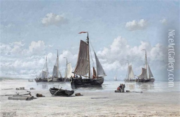 Fishing Vessels On The Beach, Zandvoort Oil Painting - Hendrik Hulk