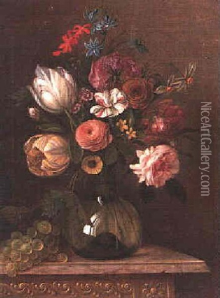 A Still Life Of Tulips, Narcissi, Roses And Other Flowers In A Glass Vase Beside Grapes On A Marble Ledge Oil Painting - Martin Van Dorne
