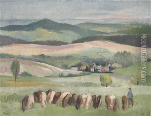 Landschaft Im Odenwald Mit Hirte Und Weidender Herde Oil Painting - Alexander Posch