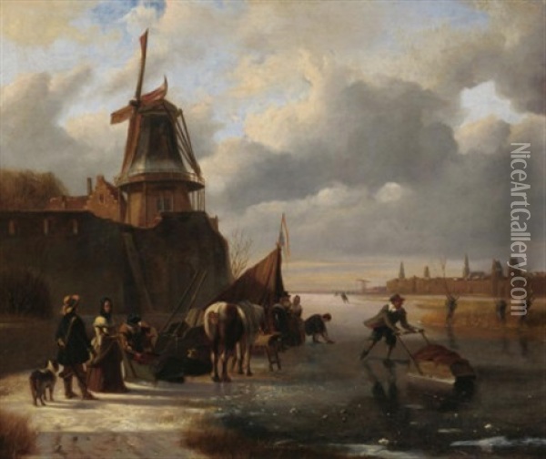 Zugefrorener Hollandischer Kanal Vor Den Toren Einer Grosen Stadt Oil Painting - Joseph Jodocus Moerenhout