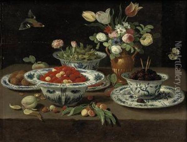 Wild Strawberries In A Chinese 
'kraak' Porcelain Bowl, Blackberriesin A Second Bowl Standing On A 
Plate, Various Flowers In A Bronzevase, Damsons In Yet Another Bowl And 
Walnuts On A Plate, With Apeach, A Sprig Of Cherries And Other Fruit, 
All On  Oil Painting - Jan van Kessel