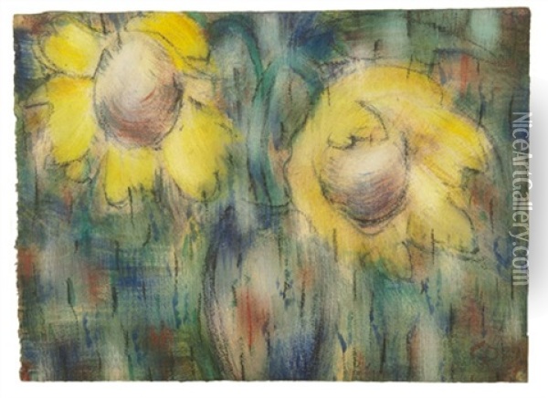 Zwei Sonnenblumen In Blauer Vase Oil Painting - Christian Rohlfs