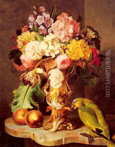 A Still Life with a Vase of Assorted Flowers, Peaches and a Parrot on a Marble Ledge Oil Painting - Ferdinand Kuss