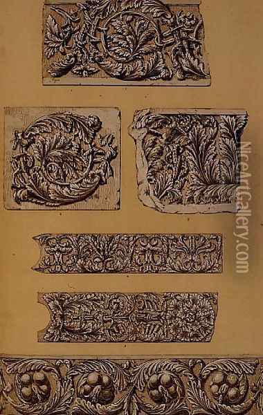 Fragments of the frieze and the soffits of the architraves of the Roman Temple at Brescia Oil Painting - Owen Jones