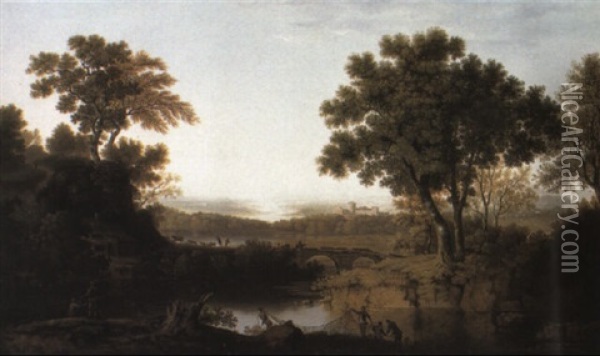 Classical River Landscape With Fishermen In The Foreground Oil Painting - George Smith of Chichester