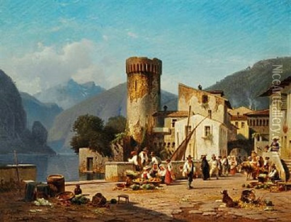 Street Life In A Village At A Lake In Northern Italy Oil Painting - Frederik Niels Martin Rohde