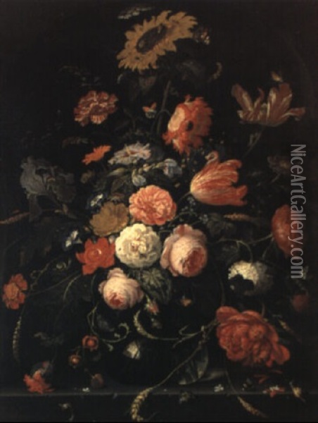 Composition Florale Avec Insectes Sur Un Entablement Oil Painting - Abraham Mignon