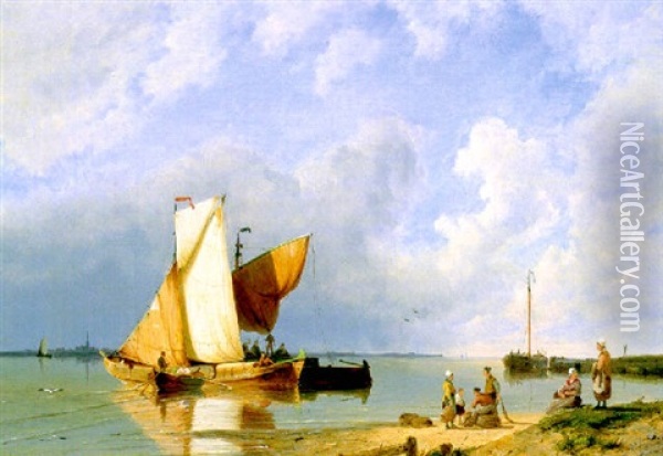 Fishing Vessels In A Calm With Fisherfolk On The Shore Oil Painting - Pieter Cornelis Dommershuijzen