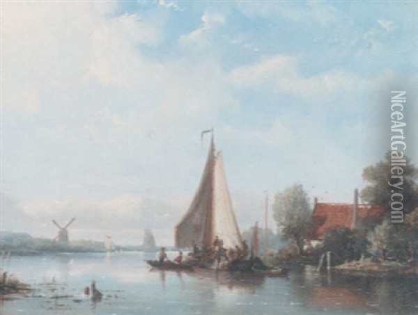 Shipping In A Dutch Estuary Oil Painting - Nicolaas Riegen