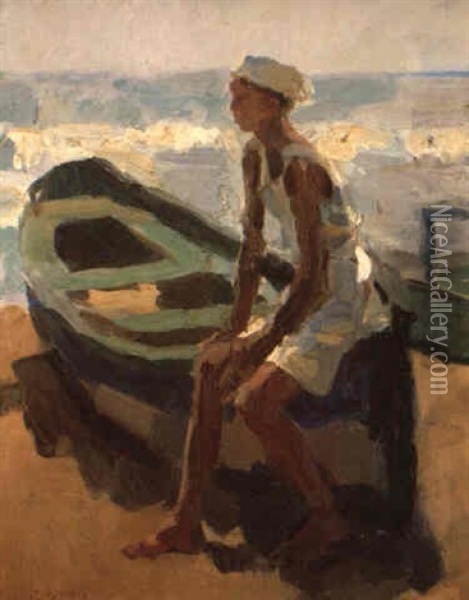 Seated Boy In A Boat By The Beach Oil Painting - Isaac Israels