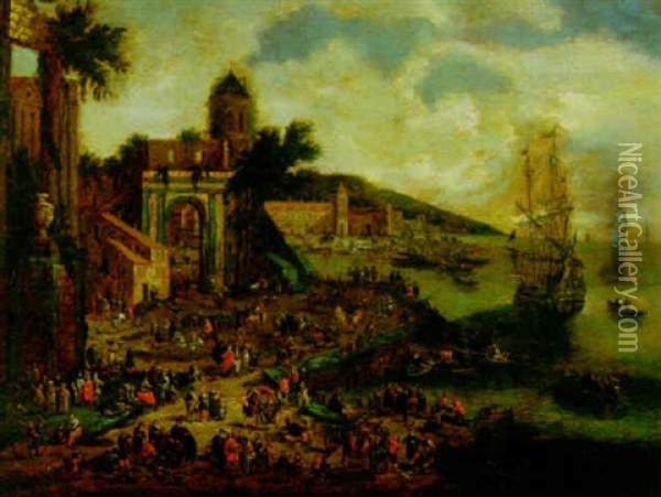 A View Of A Mediterrenean Harbour With Figures In A Square And Fishermen Unloading Their Catch, Sailing Vessels And Other Boat Nearby Oil Painting - Pieter Casteels III