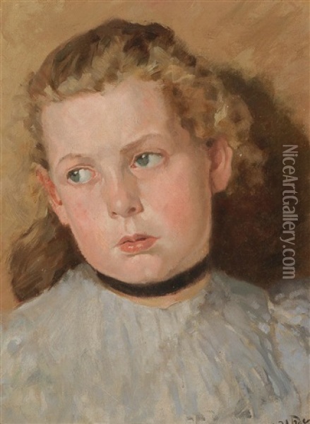 Portrait Of A Girl With Black Choker Oil Painting - Fritz von Uhde