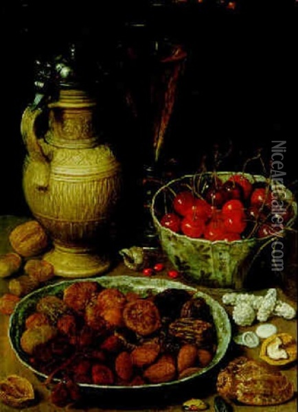 A Still Life Of Dried Fruit And Nuts In A Porcelain Dish, Cherries In Porcelain Bowl, Pitcher And Wineglass On Ledge With Nuts... Oil Painting - Georg Flegel