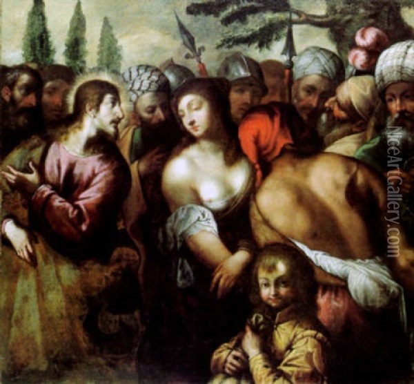Christus Und Die Ehebrecherin Oil Painting - Jacopo Palma il Giovane