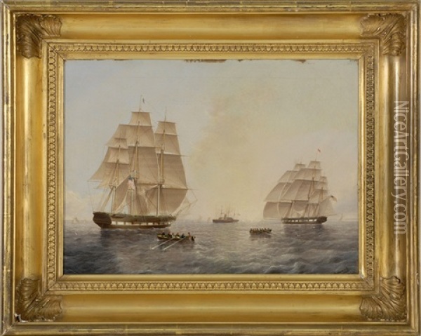 Two American Full-rigged Ships Offshore Alongside A Side-wheel Steamship And Two Dories With Crewmen Oil Painting - James Edward Buttersworth