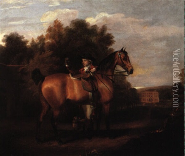 Gentleman (mr. Richard Bendyche?) With His Favorite Hunter In A Landscape Oil Painting - Henry Walton