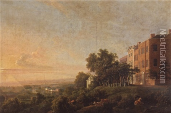 Queen's Terrace, Richmond, The Thames Beyond Oil Painting - George Barret