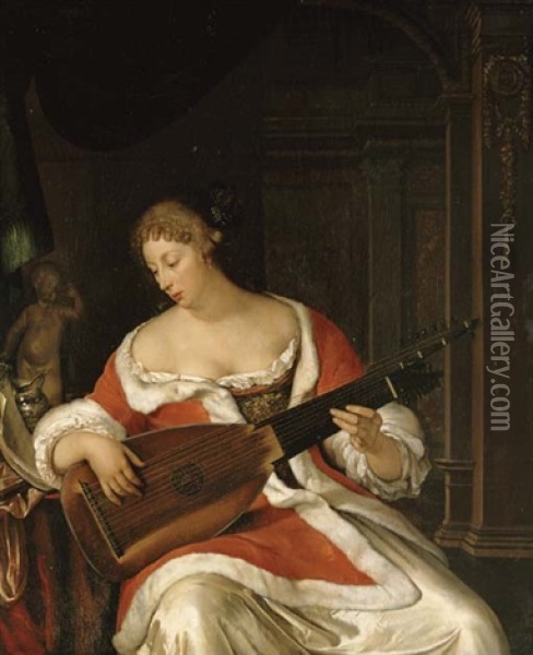 A Lady Playing A Lute In An Interior Oil Painting - Eglon Hendrik van der Neer