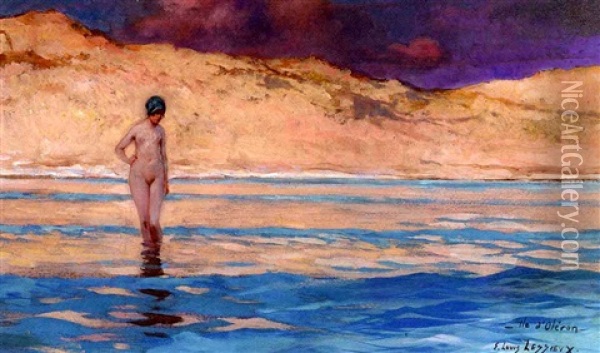 A Young Beauty Paddling By The Dunes, The Ile D'oleron Oil Painting - Ernest-Louis Lessieux