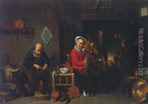 A Peasant Interior With A Cobbler, A Woman At Her Spinning Wheel, And Other Figures By The Hearthside Oil Painting - David Ryckaert the Younger