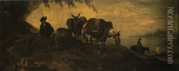 Traveller And Donkeys On A Rocky Track, A Coastline Beyond Oil Painting - Pieter Mulier the Younger