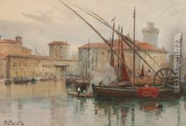 An Italian Harbour With Men Tending Boats Oil Painting - Alexander Wallace Rimington