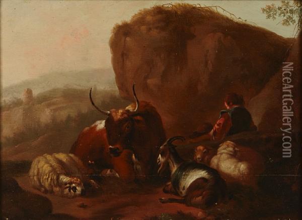 A Rocky Landscape With Herders And Animals Resting In The Foreground Oil Painting - Johan Heinrich Roos