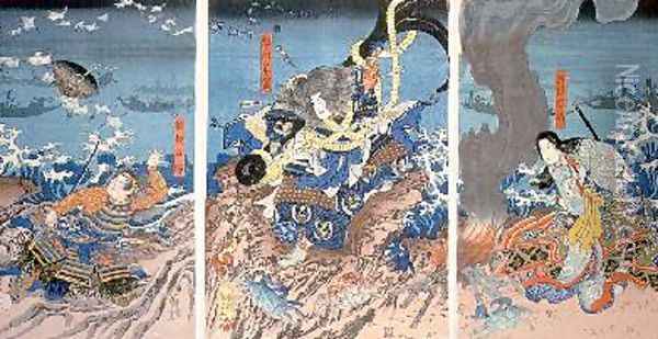 The Death of Tomomori at the battle of Dan no Ura Oil Painting - Utagawa Kuniyoshi