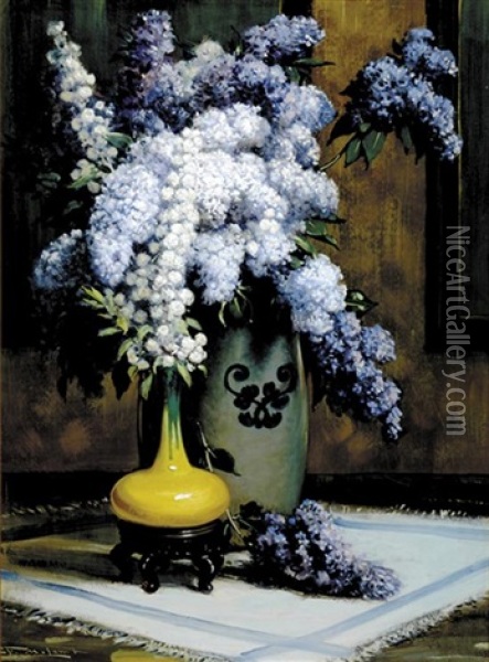Wisteria And Chinese Porcelain Still Life Oil Painting - Frederick Mortimer Lamb