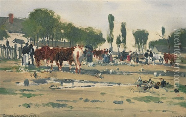 Viehmarkt In Einem Dorf Oil Painting - Gergely Poerge