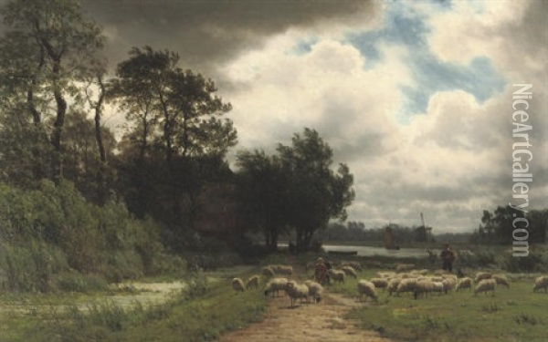 Na De Regenbui - Herding The Sheep Oil Painting - Julius Jacobus Van De Sande Bakhuyzen