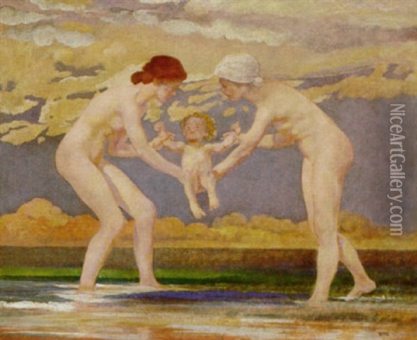 The Water's Edge: Two Women And A Baby Oil Painting - Charles Sims