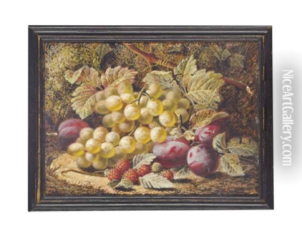 Green Grapes, Plums And Raspberries On A Mossy Bank; Black Grapes, Gooseberries And Apples On A Mossy Bank (2 Works) Oil Painting - Oliver Clare