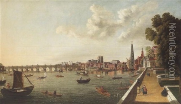 The Thames At Westminster With Old Westminster Bridge And The Shot Tower From The Terrace Of Somerset House, London Oil Painting - William James