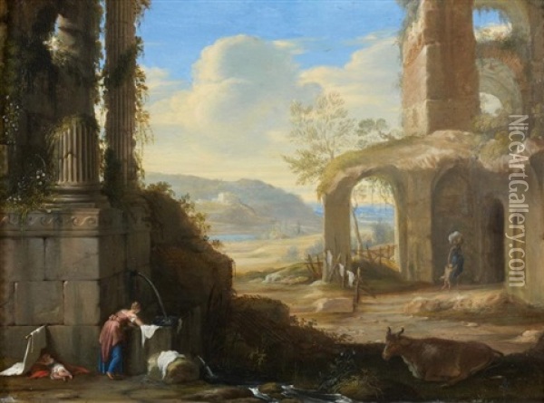 Lavandieres Dans Un Paysage De Ruines Classiques Oil Painting - Henri de Mauperche