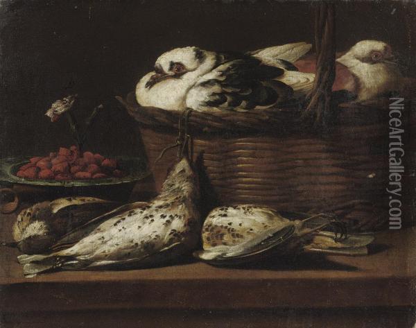 Doves In A Wicker Basket With Woodcocks And A Bowl Of Wild Strawberries Oil Painting - David de Coninck