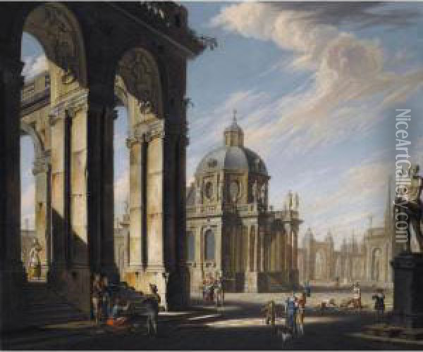 Architectural Capriccio With Figures Conversing On The Piazza Oil Painting - Jacopo Fabris Venice