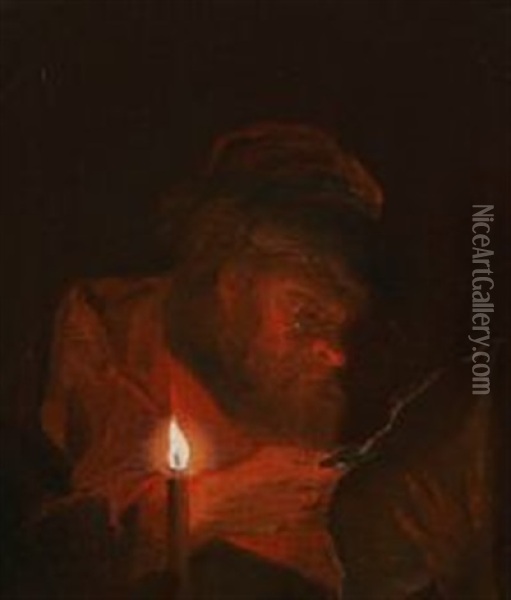 An Elderly Man By Candlelight Oil Painting - Benoit Coffre