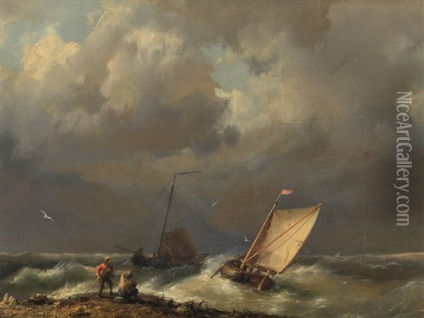 Fishing Boats In Stormy Water Oil Painting - Hermanus Koekkoek the Elder